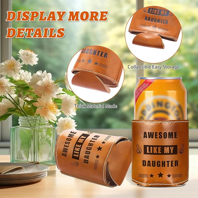 Fathers Day Gifts for Dad from Daughter,Funny Gifts for Men,Mens Birthday Gag Cool Retirement Christmas Gifts for Him Husband Grandpa,Leather Can Cooler Sleeve Holder for Soda