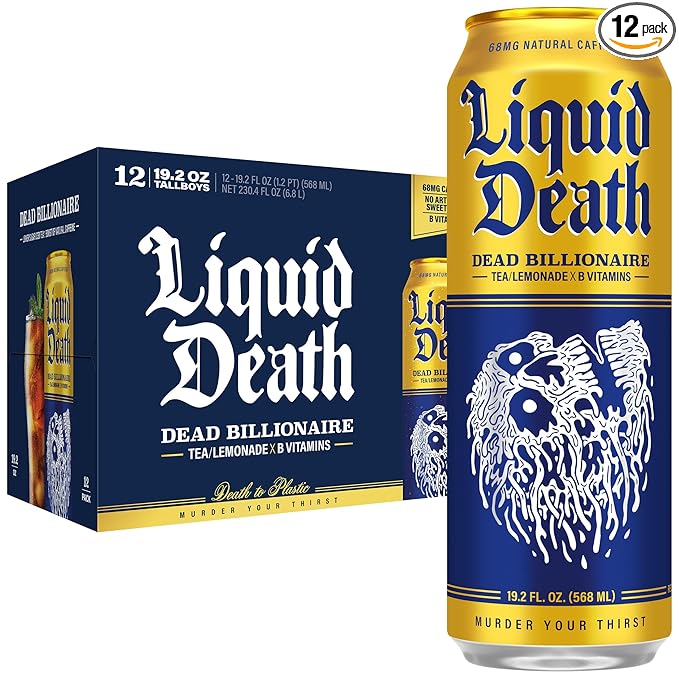 Liquid Death Iced Tea - Dead Billionaire (Black Tea/Lemonade), Less Sugar*, Boost of Caffeine, B Vitamins, No Artificial Sweeteners, King Size 19.2 Fl Oz (Pack of 12)