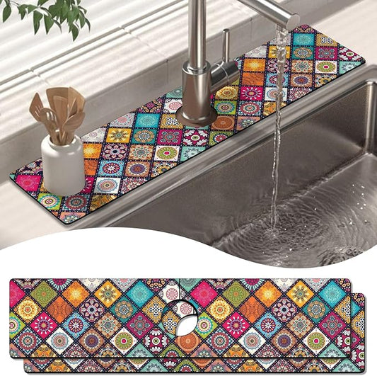2 Pack Kitchen Sink Splash Guard Faucet Mat 24" X 5.5" Mandala Absorbent Fast Drying Mat Faucet Draining Mat Sink Splash Guard Behind Faucet Drip Catcher for Kitchen Bathroom
