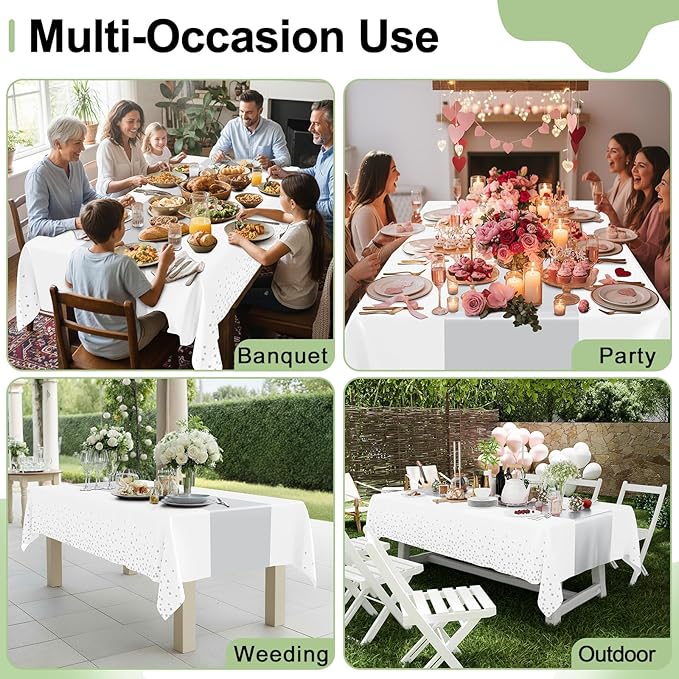 Smiry Plastic Table Cloth Disposable 8 Pack, 54 x 108 Inch Rectangle Waterproof Tablecloth, Printed Gold Table Runner Style for Birthday Weeding, Party, Leakproof & Sturdy, White and Sliver