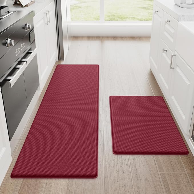 StepRite Kitchen Mats, 2PCS Kitchen Rugs, Cushioned Anti Fatigue Kitchen Mats for Floor, Non-Slip Standing Desk Mat, Waterproof Kitchen Rug Set for Kitchen, Floor, Office, 17.3"x30"+17.3"x47", Red