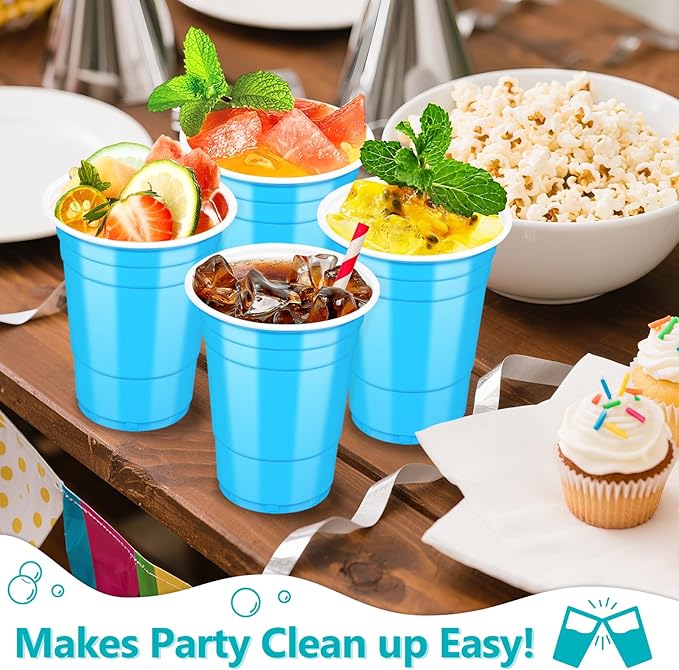 LANLISA 50 Blue Plastic Cups, 16 oz Disposable Cups, Drinking Cups For Party Supplies