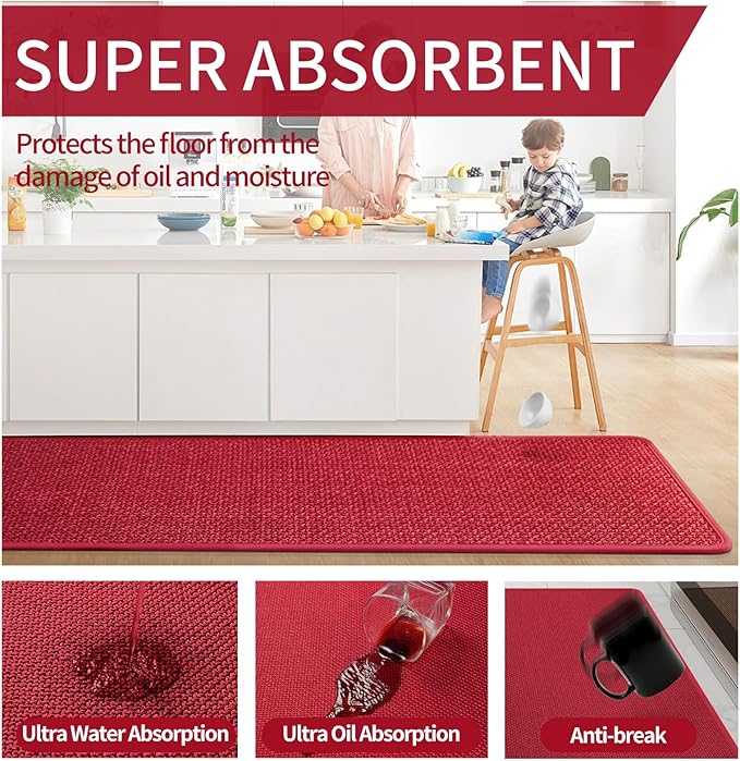 Kitchen Mat Set of 2 PCS, Cushioned Non Slip Rugs for Kitchen Floor, Absorbent Runner Comfort Standing Mats Washable for Kitchen, Office, Home Red 17x30+17x59