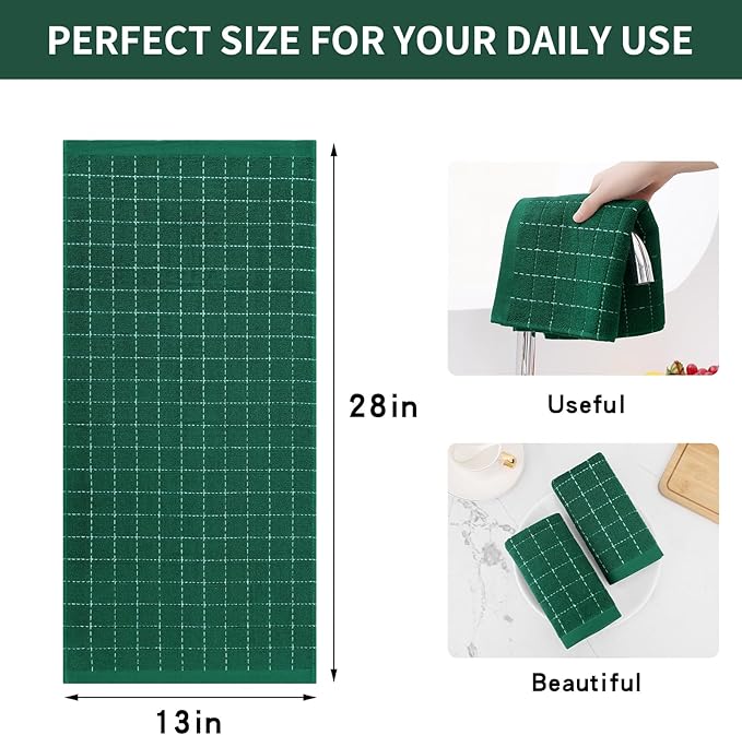 Homaxy 100% Cotton Terry Kitchen Towels(Dark Green, 13 x 28 inches), Checkered Designed, Soft and Super Absorbent Dish Towels, 5 Pack