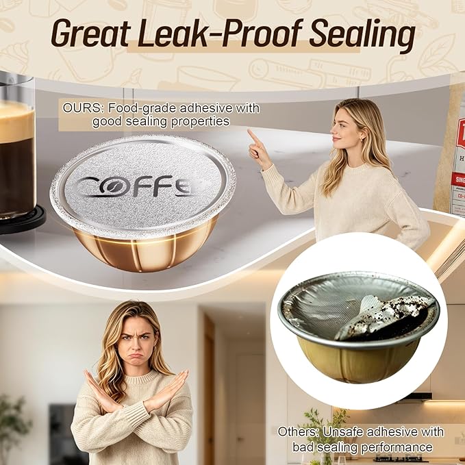 100 Pcs Aluminum Foil Seal Lids with Double Ear Tabs, Strong Sealing Performance, 3-Point Positioning Design for Reusable Nespresso Vertuo Coffee Pods Capsules