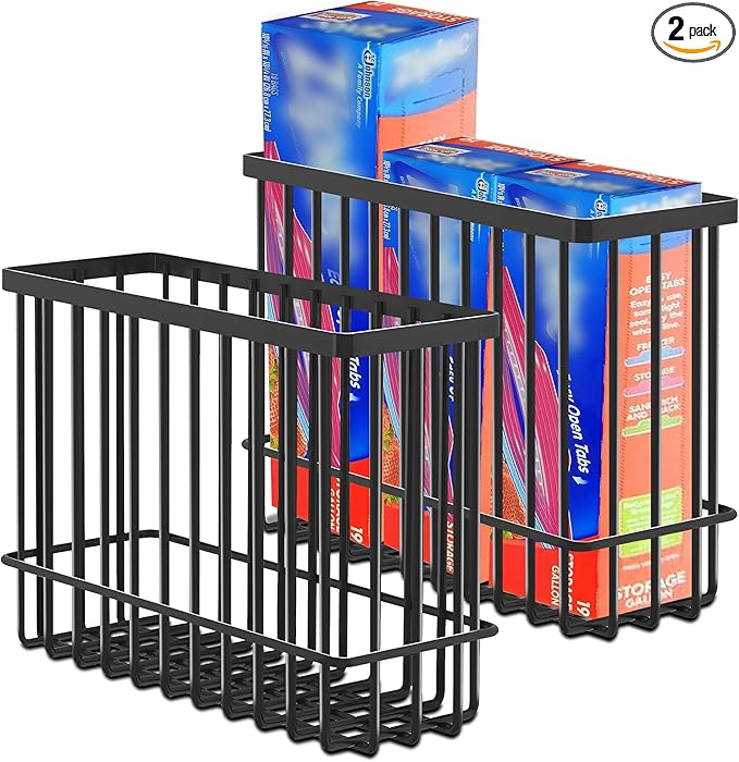 2 Pack Cabinet Door Organizer, Foil and Plastic Wrap Organizer, Wall Mounted Kitchen Organizers and Storage Wire Basket, Pantry Door Storage Kitchen Wrap, Black