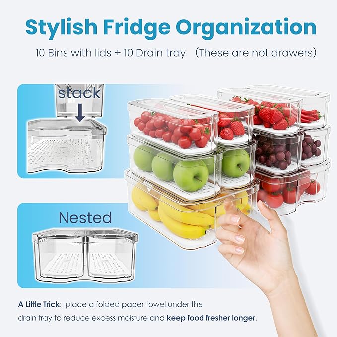 10 Pack Refrigerator Organizers, Clear Container and Organizer Bins with Lids, Stackable Storage Containers for Fruits, Vegetable (Set of 10)
