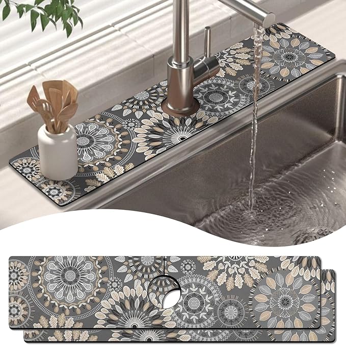 2 Pack Kitchen Sink Splash Guard Faucet Mat 24" X 5.5" Mandala Absorbent Fast Drying Mat Faucet Draining Mat Sink Splash Guard Behind Faucet Drip Catcher for Kitchen Bathroom