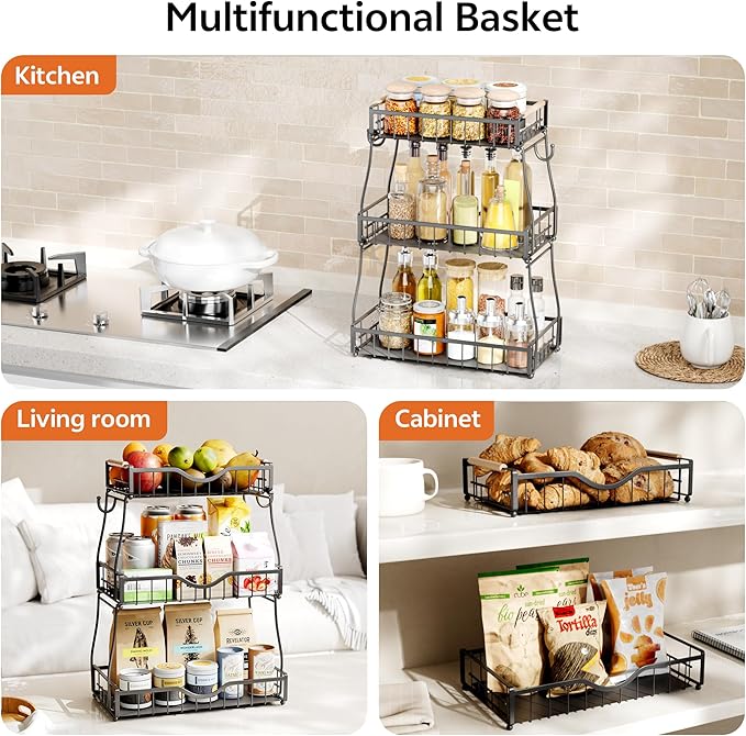 3 Tier Fruit Basket for Kitchen Countertop with 2 Banana Hangers,Detachable Metal Fruit Bowl with Wooden Handles and Protective Pads,Large Capacity Fruit and Vegetable Basket Organizer,Black