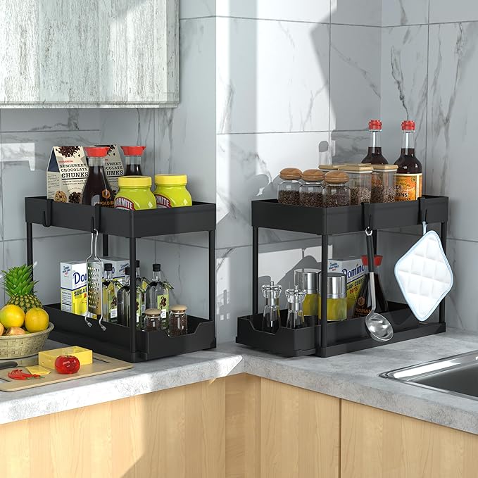 2 Pack Under Sink Organizer, 2 Tier Bathroom Cabinet Organizer with Sliding Basket, Multi-Purpose Under Sink Organizers and Storage for Bathroom Kitchen (Black 2 Pack)