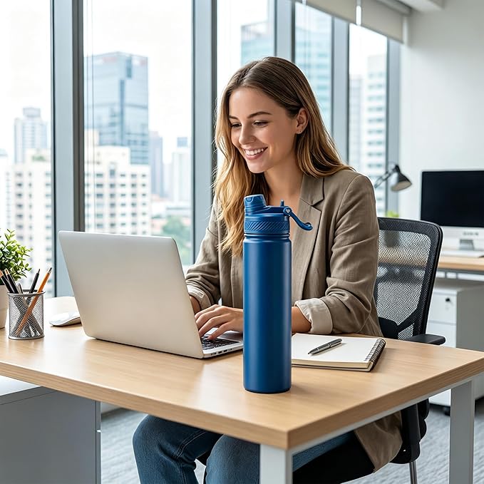 Fijinhom 24 oz Insulated Water Bottle, 2-in-1 Straw and Spout Lid Stainless Steel Thermos, Leak-Proof, Double Wall Vacuum Flask, Keep Cold 24H for Outdoor, Sports, Travel, School (Blue)