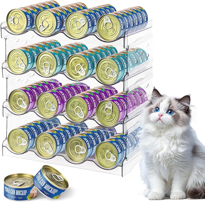 REFLYING Extra Large Cat Food Can Organizer – 4-Tier Holds 96 Cans (3oz–12.5oz), Transparent Acrylic Stackable Storage for 3+ Cats, Mold-Resistant Pantry & Kitchen Cabinet Organizer(4 Tier-4 Layer)