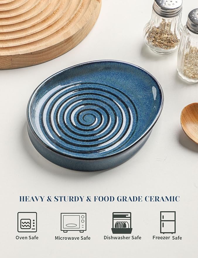 Ceramic Spoon Rest for Stove Top, Spoon Holder for Kitchen Counter, Farmhouse Cooking Utensil Holder for Spoons, Ladles, Spatula, Glazed Blue