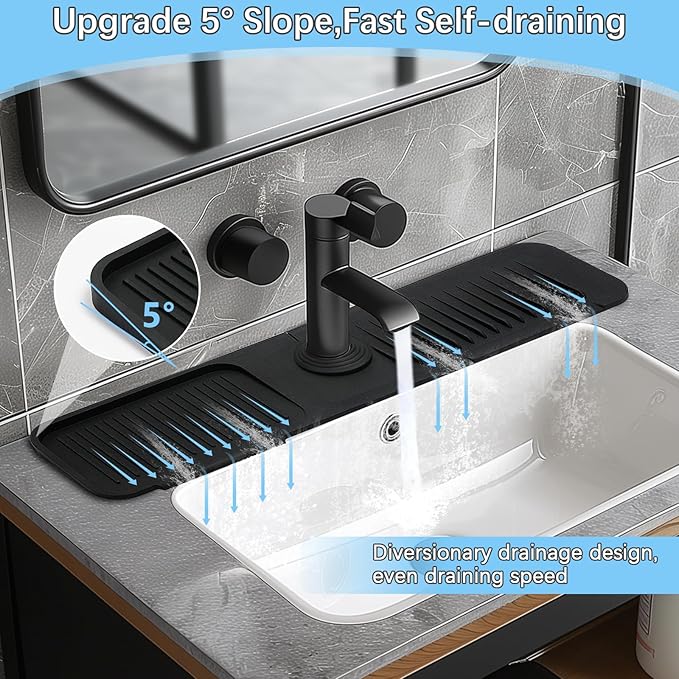 Silicone Sink Splash Guard Mat with Slanted Design,24*5.5 Inch Large Non-Slip Base,Multi-Surface Protector for Kitchen,Bathroom,Laundry,RV,Easy Clean Water Deflector Accessory(black)