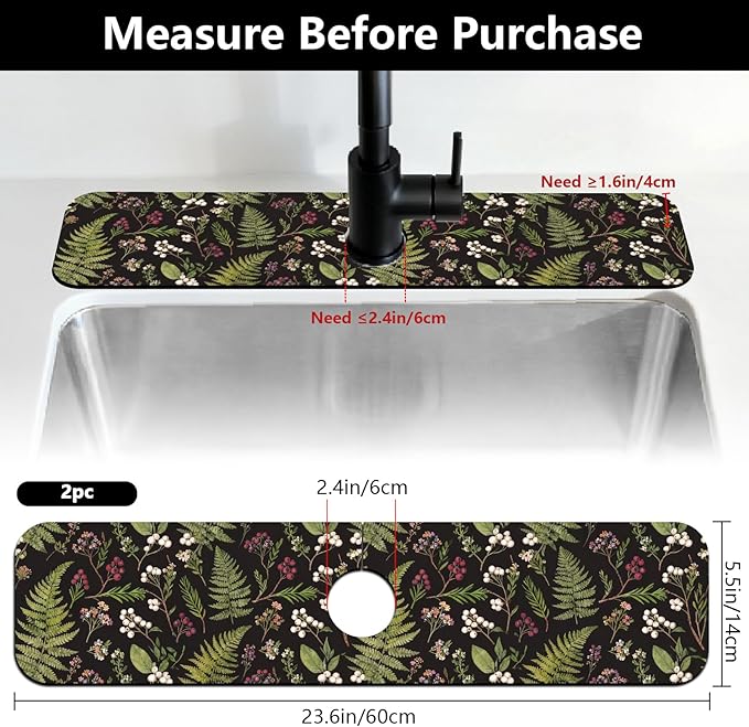 2 Pcs Kitchen Sink Splash Guard Faucet Mats Vintage Fern and Berries Pattern Faucet Mat for Sinks Absorbing Drying Mat for Kitchen Bathroom, 23.6x5.5inch