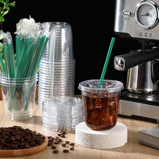 Baderke 25 Set Plastic Cups with Lids and Straws, Disposable Plastic Iced Coffee Cup for Cold Beverage Juice Smoothie Crystal for Coffee Shops Party Catering(Clear,12 oz)