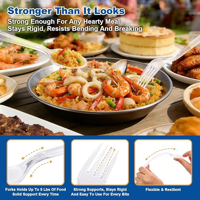 Extra Heavy Duty Plastic Silverware Set – Heat Resistant & BPA Free Disposable Silverware Cutlery Include Forks, Spoons Premium Plastic Utensils for Parties & Events (Clear, 240 Forks-180 Spoons)
