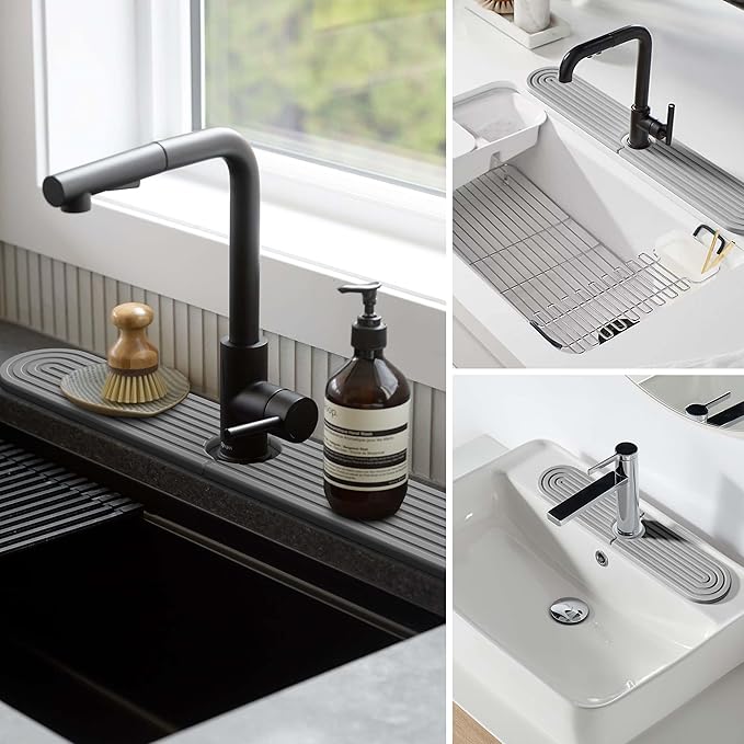Stone Faucet Mat for Kitchen Sink – Diatomite Fast-Drying Stone Tray, Faucet Mat Sink Splash Guard, Decorative Sink Protector for Kitchen Bathroom Counter [Gray, 17.7''x3.9'']
