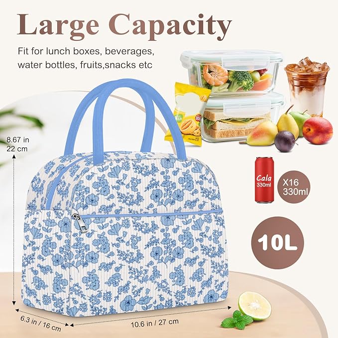 KUBYA Lunch Bag Lunch Box for Women, Cute Corduroy Insulated Reusable Work Leakproof Simple Adults Large Lunch Boxes Tote Bag Men Cooler Bag
