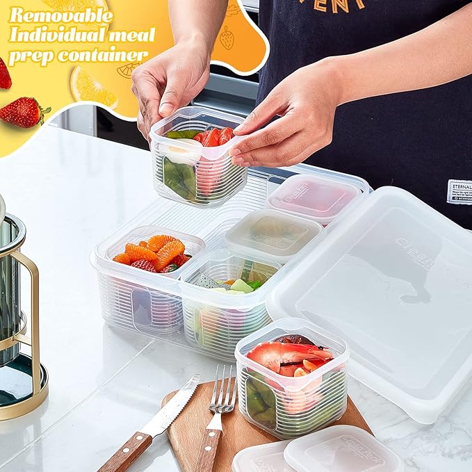 Rtteri 2 Sets Fridge Organizer Divided Serving Tray with Lid Yakumi Pans Seasoning Condiment Container Stackable Refrigerator Organizer with Airtight Lids No Bpa for Veggies, Fruit, Herbs, Spices