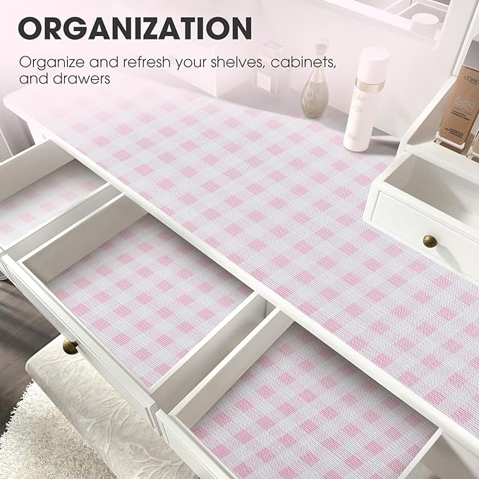 Drawer and Shelf Liner, Non-Slip Kitchen Cabinet Liners Non-Adhesive Thick Strong Grip Waterproof Washable Mats Protect Dresser Shelves Cupboard Bathroom Cabinets, Pink Plaid, 12 in X 20 FT