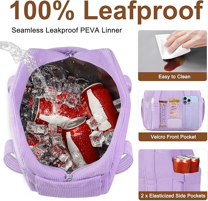 KUBYA Corduroy Lunch Box Lunch Bag for Women Men, Cute Strawberry Small Insulated Reusable Work Leakproof Simple Lunch Boxes Tote Bag Adults Cooler Bag