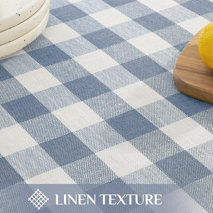 Softalker Checkered Tablecloth Rectangle, Outdoor Linen Cotton Gingham Table Cloth with Tassel, Heavy Duty Wrinkle Free Buffalo Plaid Table Cover for Kitchen Dining Summer Party - 55 x 70 Inch, Blue