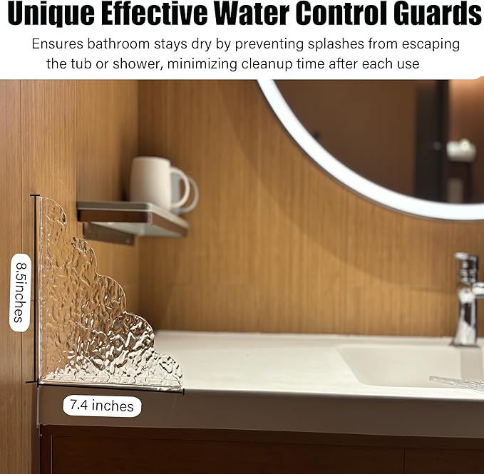 Corner Splash Guard for Bathroom, 8.5 x 7.4 inches, Adhesive Waterproof Shield for Tub Shower Sink, 2-Pack