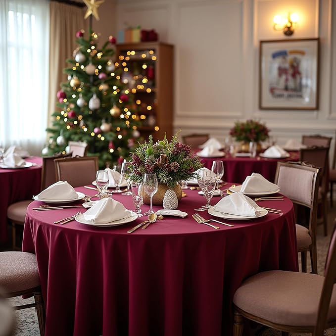 sancua Round Tablecloth 108 Inch Diameter, 8 Pack Burgundy - Circle Polyester Fabric Table Cloth for Chiristmas Party Reception Banquet Birthday, Washable Formal Table Cover (Fit 42-96 Inch Tables)