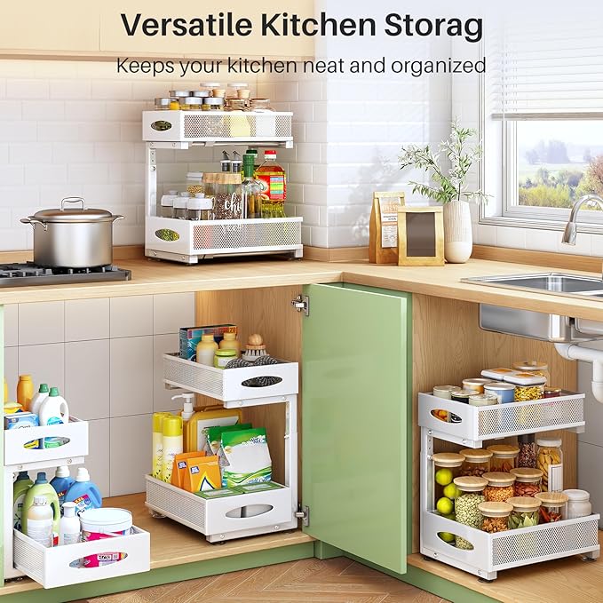 Under Sink Organizer, 2 Tier Pull out Cabinet Organizer Baskets with Mesh Sliding Drawers, Slide out Storage Shelf for Home, Kitchen, Bathroom, Pantry, Office Cabinet(1 Pack, White)