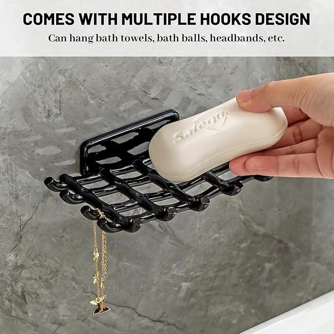 Soap Bar Holder for Shower Wall, Self Draining Soap Dish with Hooks, No Drilling, Bathtub Kitchen Sink Waterproof Adhesive Wall Mounted Dish (2 Pack, Black)
