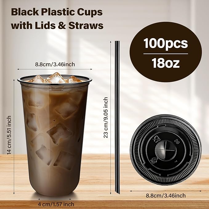 tchrules 100 Set 18oz Plastic Cups with Lids and Straws, Disposable Black Clear Iced Coffee Cup with Lid, Round Bottom Plastic To Go Cups for Cold Drinks Slushie Smoothie Soda Bar Party Shop Supplies
