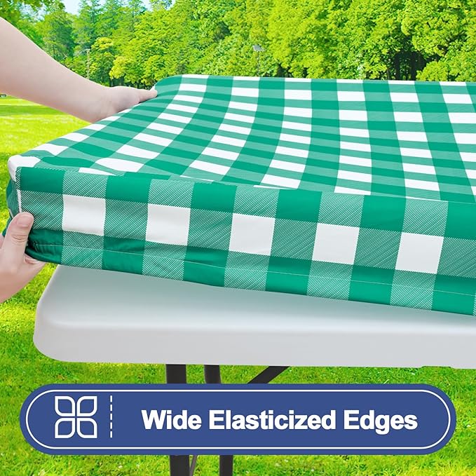 Smiry Picnic Table Cloth 2 Pack, Waterproof Elastic Fitted Tablecloths for 24x48 Rectangle Tables, Washable Polyester Buffalo Plaid Tablecloth for Camping, Dining & Outdoor (Green & White, 24" x 48")