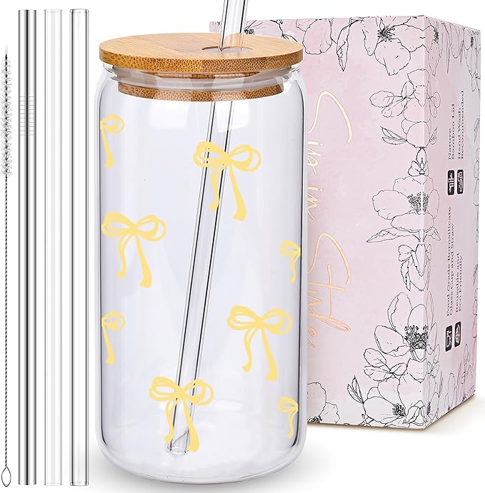 Coquette Cute Pastel Yellow Bow Summer Glass Cups with Lids and Straws, Aesthetic Iced Coffee Cup Girly Preppy Tumbler Mug, Christmas Valentines Birthday Gifts for Women, Teen Girl Gifts Trendy Stuff