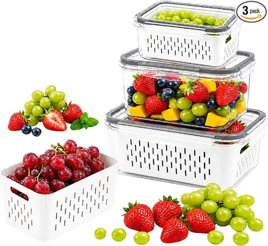 Fruit storage containers for fridge，with detachable drainer basket and airtight seal, stackable produce organizer, prolongs freshness of berries, greens, meats