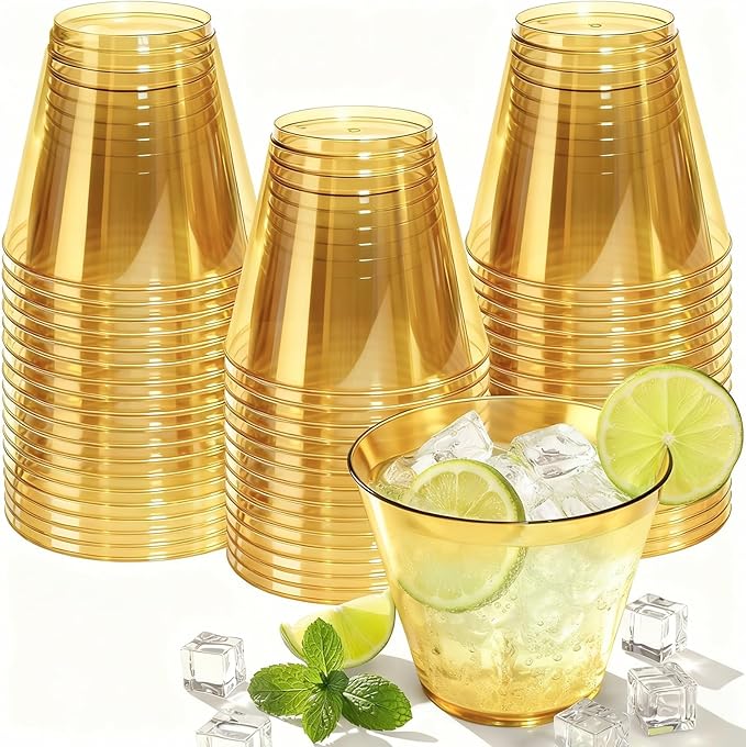 9 oz Clear Plastic Cups Glod Plastic Disposable Cups for Cocktail 50 Pack Fancy Cocktail Cup for Party Stemless Wine Glasses for Party Wedding Graduation Birthday World Cup