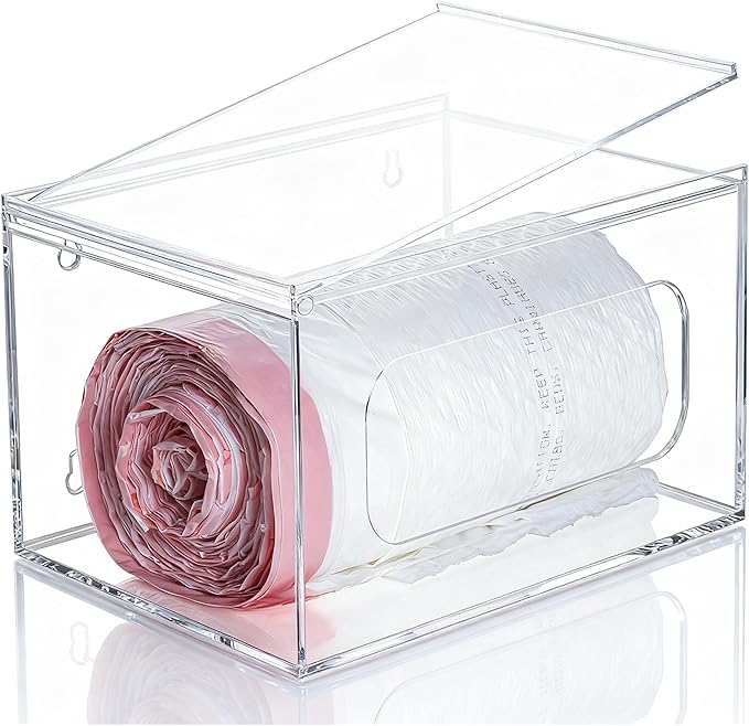 SEANADO Extra Large Trash Bag Dispenser Roll Holder with Lid - Wall Mount Acrylic Garbage Bag Stackable Storage Box for Kitchen Laundry Room Cabinet Organization