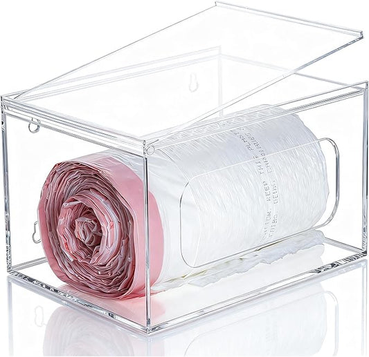 SEANADO Extra Large Trash Bag Dispenser Roll Holder with Lid - Wall Mount Acrylic Garbage Bag Stackable Storage Box for Kitchen Laundry Room Cabinet Organization