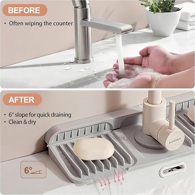 14.5 inch Silicone Faucet Mat for Kitchen Sink - 6° Slope & Fasten Button Design, Quick-Dry Splash Guard Water Catcher Behind Faucet, RV/Bathroom Safe (Gray)