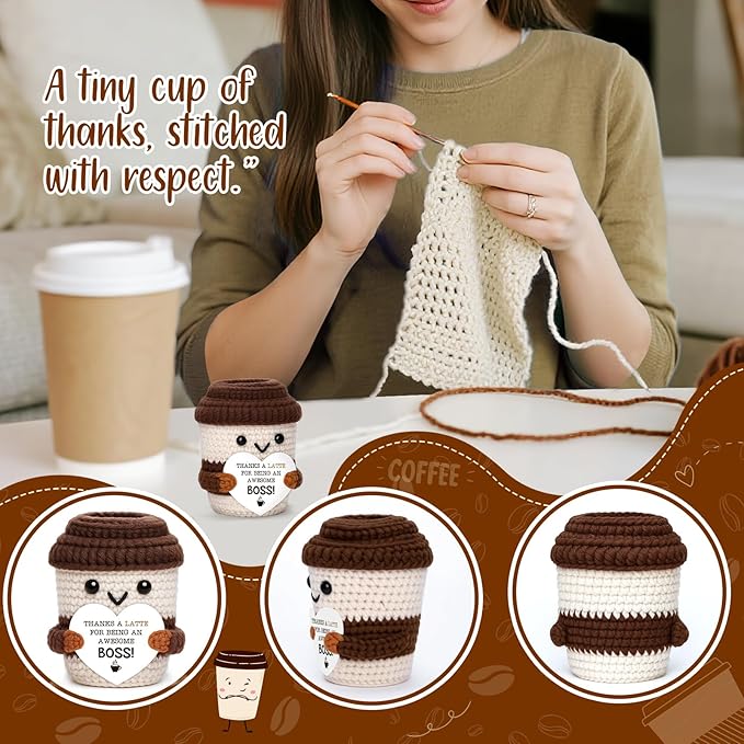 Mini Boss Gifts for Women Men Office Appreciation Gifts for Boss Lady Manager Leader Mentor Supervisor Handmade Crochet Coffee Cup for Retirement Promotion Farewell leaving Going Away Birthday Gift