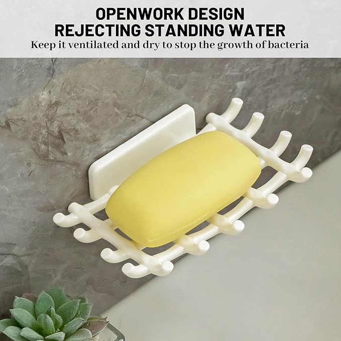 Soap Bar Holder for Shower Wall, Self Draining Soap Dish with Hooks, No Drilling, Bathtub Kitchen Sink Waterproof Adhesive Wall Mounted Dish (2 Pack, White)