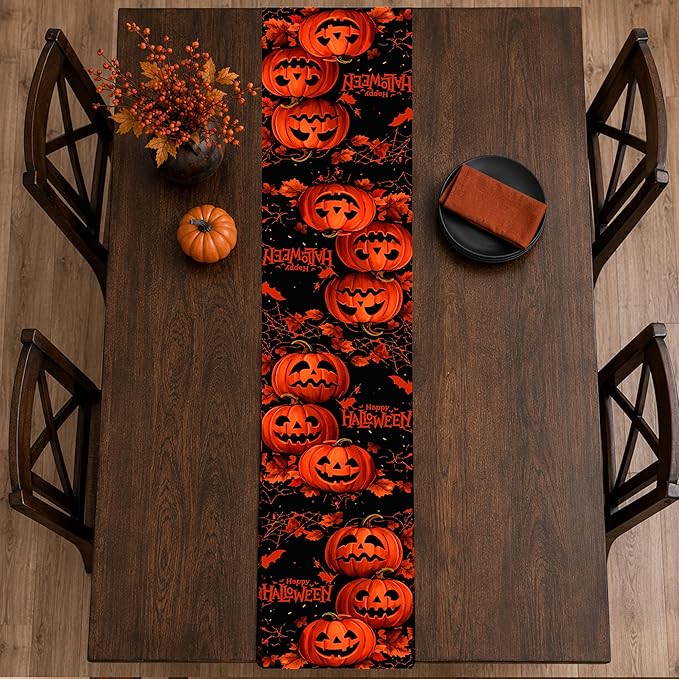 OHOME Halloween Decorations - Happy Halloween Pumpkin Table Runner | Halloween Party Favors Supplies Backdrop for Indoor Outdoor | Halloween Decor Tablecloth for Home Office Dining Kitchen