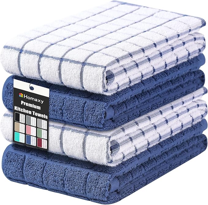 Homaxy Premium Cotton Kitchen Towels 16"x 28", Large Natural Ring Spun 390 GSM Dish Towels, Super Absorbent Terry Kitchen Hand Towels, Soft Tea Towels with Hanging Loop, Navy Blue Check Design, 4 Pack