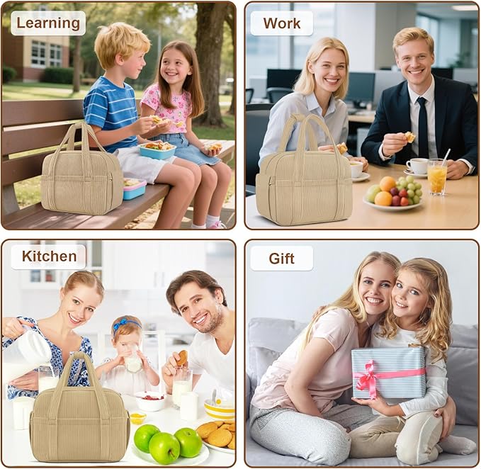 KUBYA Corduroy Lunch Box Lunch Bag for Women Men, Cute Strawberry Small Insulated Reusable Work Leakproof Simple Lunch Boxes Tote Bag Adults Cooler Bag