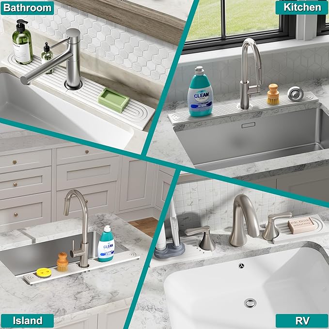 Stone Faucet Mat for Kitchen Sink - Quick Dry Diatomite Sink Splash Guard, Prevents Moisture Buildup & Water Stains, Water Absorbing Stone Tray for Bathroom Countertop (White, 20" x 4")