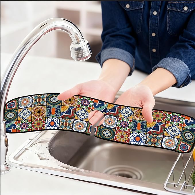 2 Pcs Kitchen Sink Splash Guard Faucet Mats Colored Bohemian Tiles Pattern Faucet Mat for Sinks Absorbing Drying Mat for Kitchen Bathroom, 23.6x5.5inch