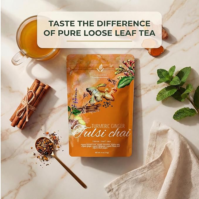 Organic Turmeric Ginger Tulsi Chai Tea | Loose Leaf | Ayurvedic Superfood Blend | Herbal and Caffeine-Free | 55+ Cups | KSA Kosher | 4 oz