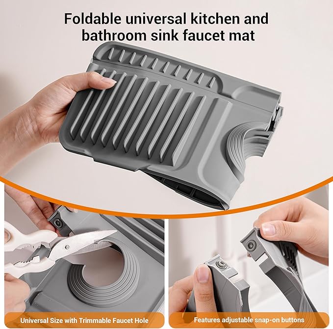Faucet Mat for Kitchen Sink, 24"X5.5" Silicone Sink Splash Guard with Soap Holder, Snap-On Design & 7°slope Fast Drain, Folding Sink Faucet Mat for Universal Kitchen Bathroom Sink（Grey）