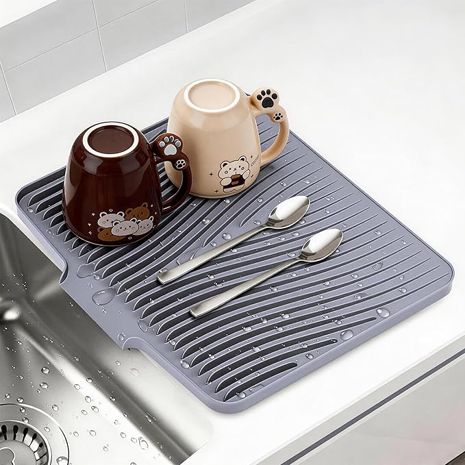 Silicone Dish Drying Mat for Kitchen Counter, Non-Slip Drain Pad, Dish Drying Pad, Easy to Clean Dish Rack Pad, Multi-Use as Heat Resistant Trivet, 15.8" x 13" , Grey