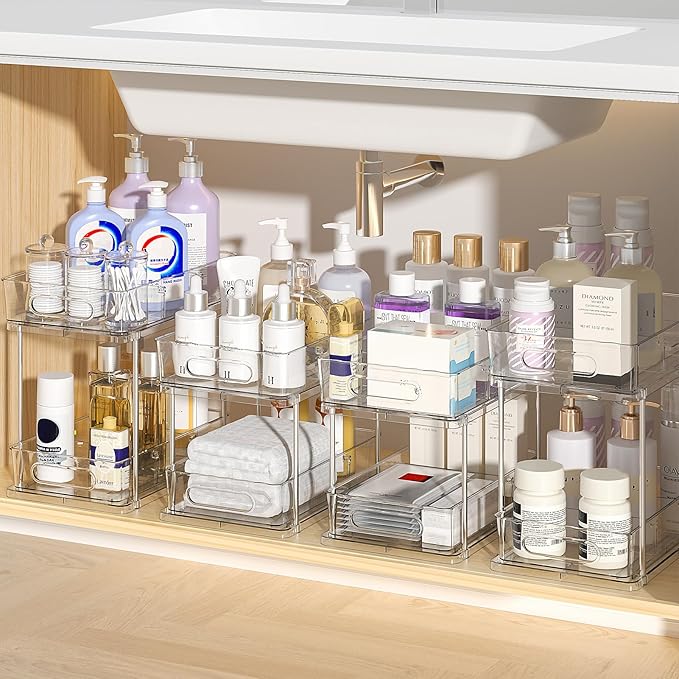 Delamu Under the Sink Organizer, 2-Tier Snap-Lock Cabinet Drawers with Removable Adjustable Shelf, Under Sink Cabinet Organizer for Bathroom, Kitchen, Vanity & Every Household(Clear, 4 Pack)